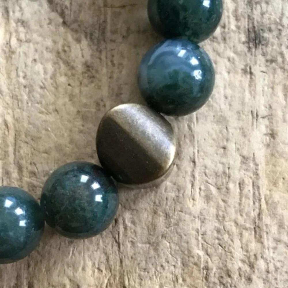 Men's Moss Agate Gemstone Bracelet Brass Accent Bead - 10mm Beads